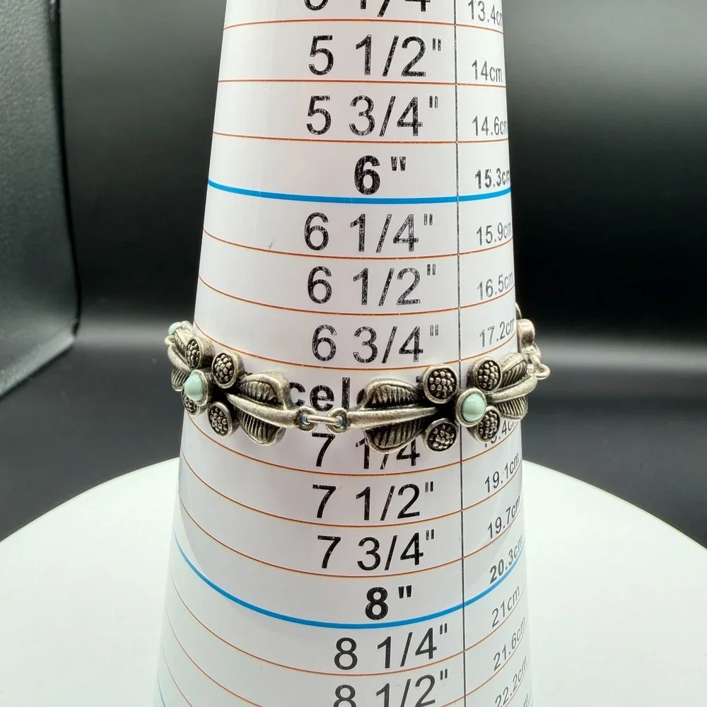 Silver Tone Floral Link Bracelet Aqua Cabochon Boho Cottagecore Statement Gift